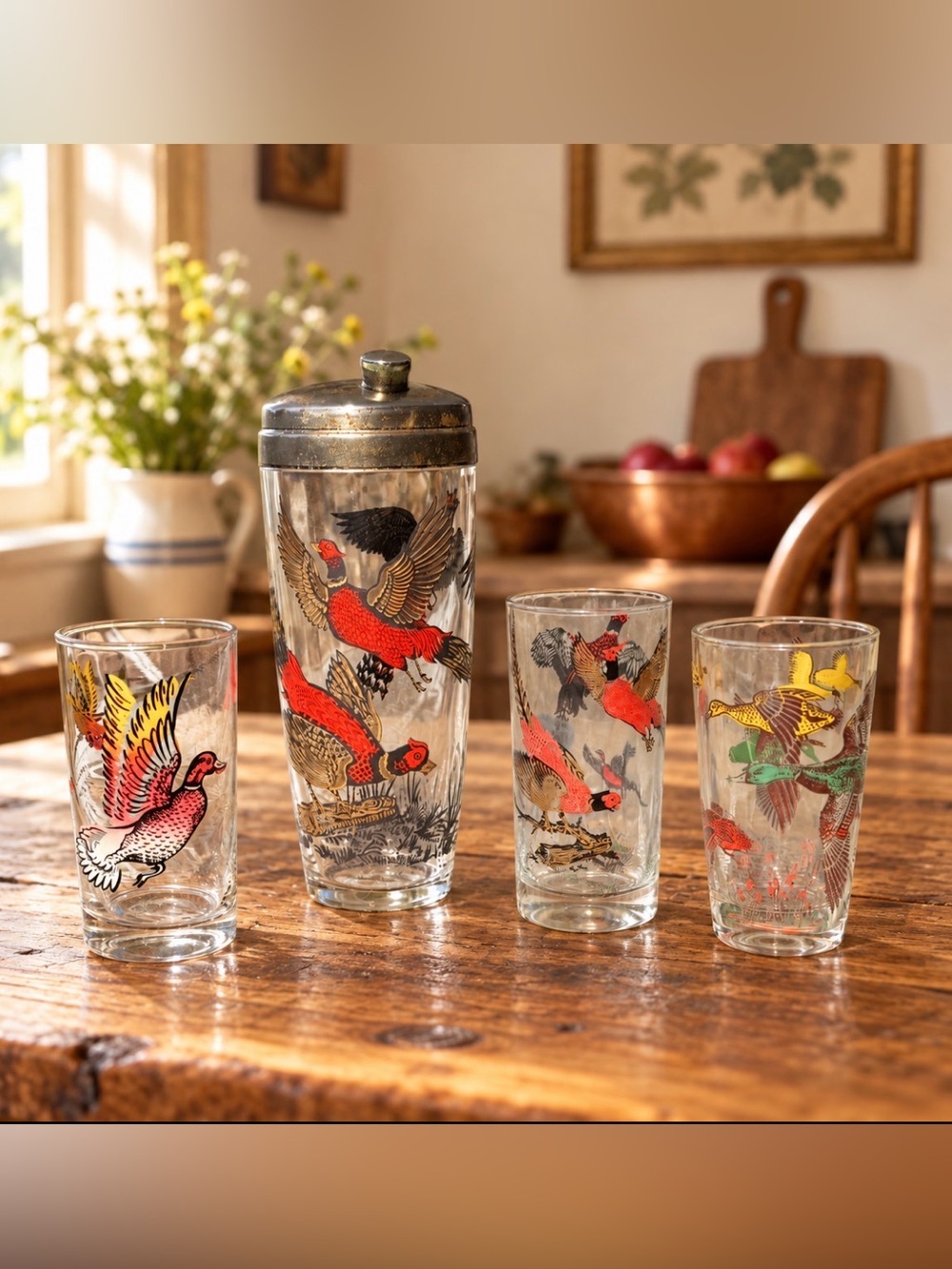 Vintage Game Bird Cocktail Shaker & 3 Mixed Highball Glasses. G1FC